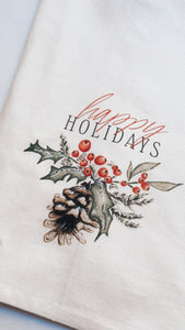 Holly Berry Pinecone Christmas Tea Towel