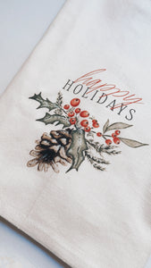 Holly Berry Pinecone Christmas Tea Towel