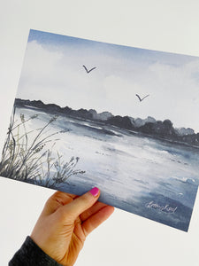 Morning on the Lake Watercolor Landscape Art Print