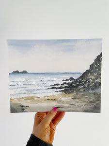 Sennen Beach Watercolor Landscape Art Print