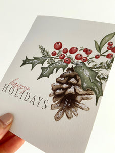 "Happy Holidays" Holly Berry Christmas Greeting Card