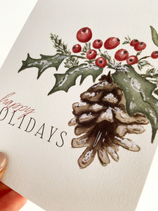 "Happy Holidays" Holly Berry Christmas Greeting Card