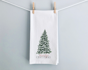 Merry Christmas Tree Watercolor Tea Towel
