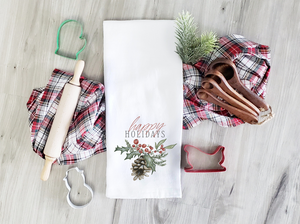 Holly Berry Pinecone Christmas Tea Towel