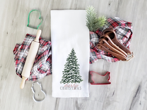 Merry Christmas Tree Watercolor Tea Towel