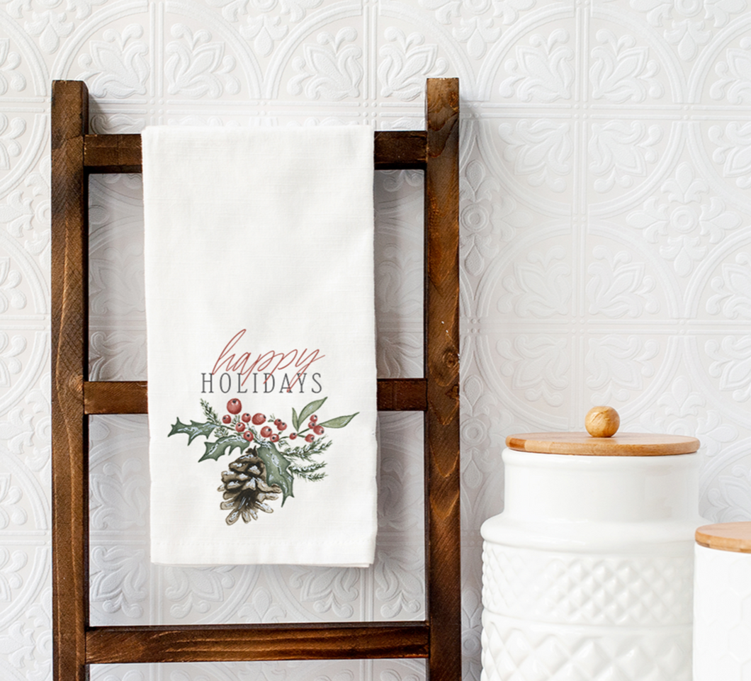 Holly Berry Pinecone Christmas Tea Towel