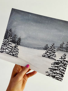 Snowy Evening Winter Scene Watercolor Art Print
