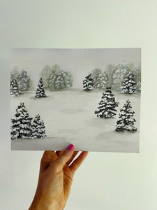 Watercolor Christmas Winter Scene Holiday Art Print