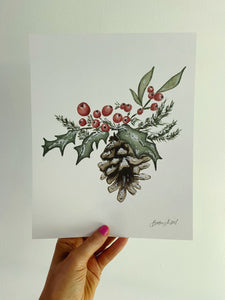 Holly Berry & Pinecone Watercolor Holiday Art Print