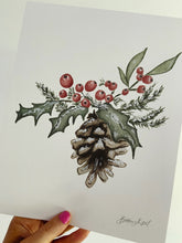 Load image into Gallery viewer, Holly Berry &amp; Pinecone Watercolor Holiday Art Print
