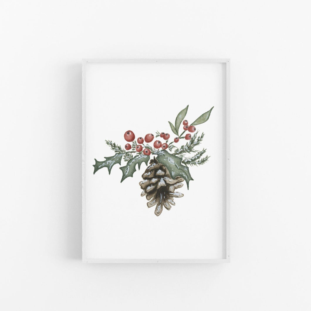 Holly Berry & Pinecone Watercolor Holiday Art Print