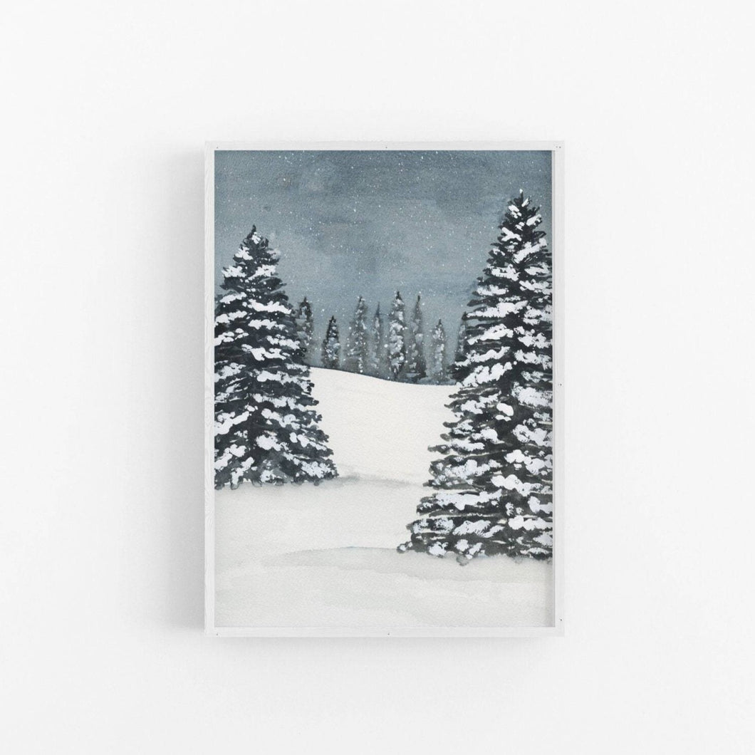 Snowy Watercolor Winter Scene Art Print