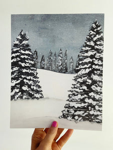 Snowy Watercolor Winter Scene Art Print