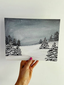 Snowy Evening Winter Scene Watercolor Art Print