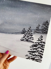 Load image into Gallery viewer, Snowy Evening Winter Scene Watercolor Art Print
