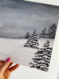 Snowy Evening Winter Scene Watercolor Art Print