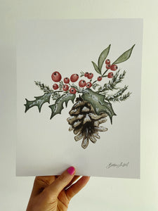 Holly Berry & Pinecone Watercolor Holiday Art Print